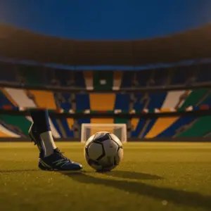 Professional football boots striking a ball on floodlit pitch at evening kick-off, golden-blue stadium lighting and colour-blocked stands in soft focus.
