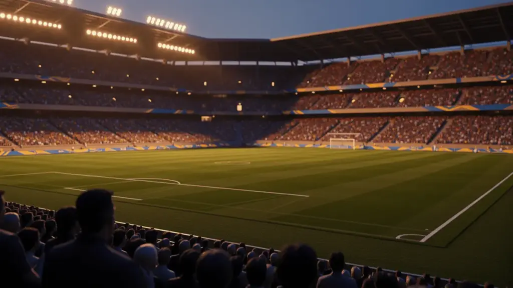 Floodlit stadium at dusk with packed stands and dramatic shadows cast across emerald pitch.