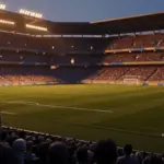 Floodlit stadium at dusk with packed stands and dramatic shadows cast across emerald pitch.