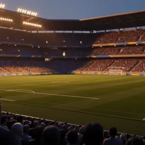 Floodlit stadium at dusk with packed stands and dramatic shadows cast across emerald pitch.