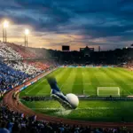 Floodlit stadium at golden hour with blue-and-white stands and a football boot striking the ball mid-pitch.
