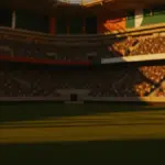 Floodlit stadium with packed stands at dusk, dramatic shadows across empty pitch, no players visible.