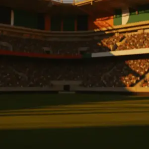Floodlit stadium with packed stands at dusk, dramatic shadows across empty pitch, no players visible.