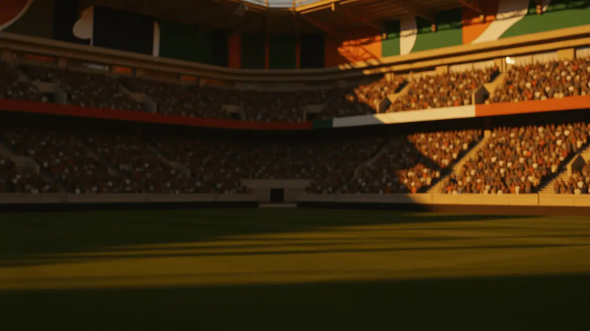 Floodlit stadium with packed stands at dusk, dramatic shadows across empty pitch, no players visible.