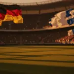 Packed floodlit stadium with empty grass pitch, German and Paraguayan national flags in stands, golden-hour dramatic lighting.