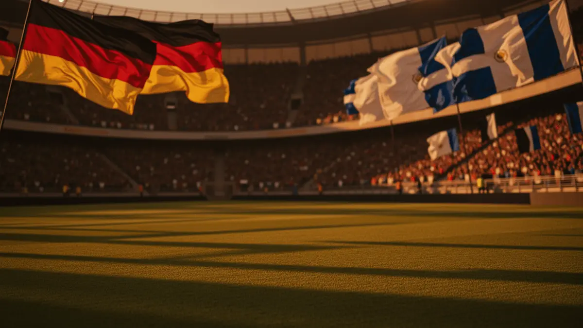 Packed floodlit stadium with empty grass pitch, German and Paraguayan national flags in stands, golden-hour dramatic lighting.