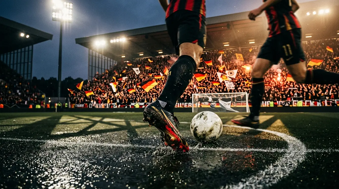 Floodlit stadium at evening with German national colours in crowd, football boot on wet pitch, dramatic shadows and net.