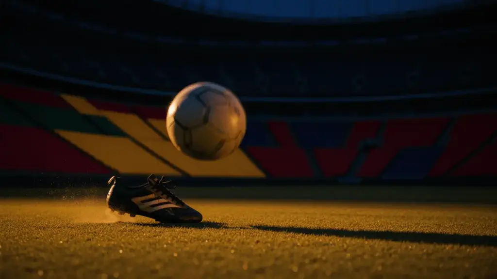 Evening stadium corner-flag view with airborne football and boot in motion, gold and red-blue lit stands, cinematic colour grade.