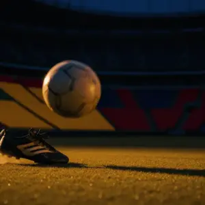 Evening stadium corner-flag view with airborne football and boot in motion, gold and red-blue lit stands, cinematic colour grade.