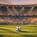 Floodlit stadium pitch with bunting and supporters creating anticipatory pre-match atmosphere for group stage competition.