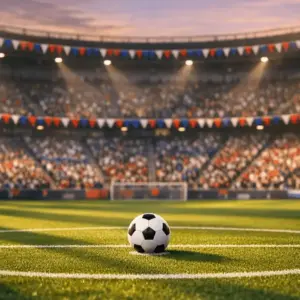 Floodlit stadium pitch with bunting and supporters creating anticipatory pre-match atmosphere for group stage competition.