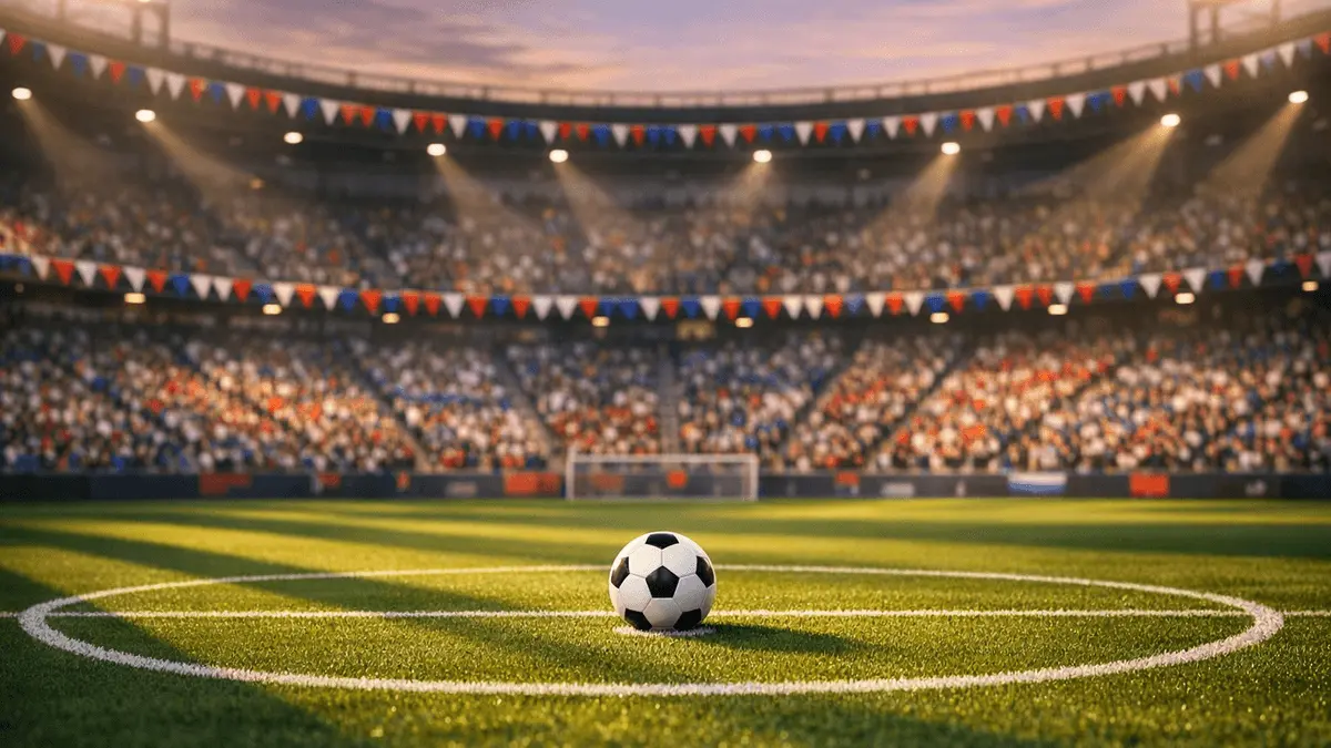 Floodlit stadium pitch with bunting and supporters creating anticipatory pre-match atmosphere for group stage competition.