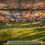 Floodlit stadium with packed crowd in national colours, centre pitch in golden light, pre-match atmosphere.