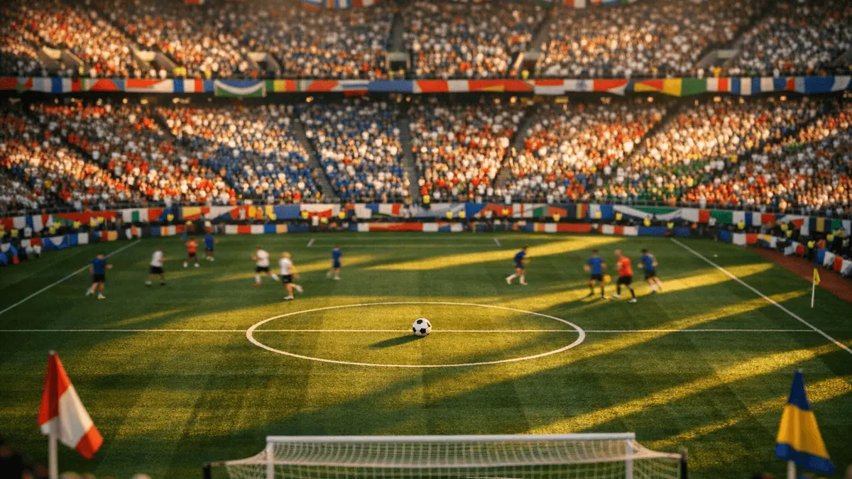 Floodlit stadium with packed crowd in national colours, centre pitch in golden light, pre-match atmosphere.