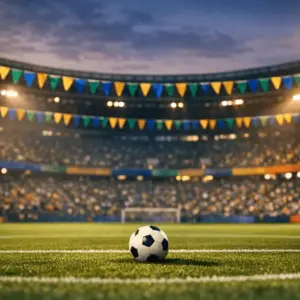 Floodlit stadium interior with coloured flag bunting draped across stands and football on centre pitch.
