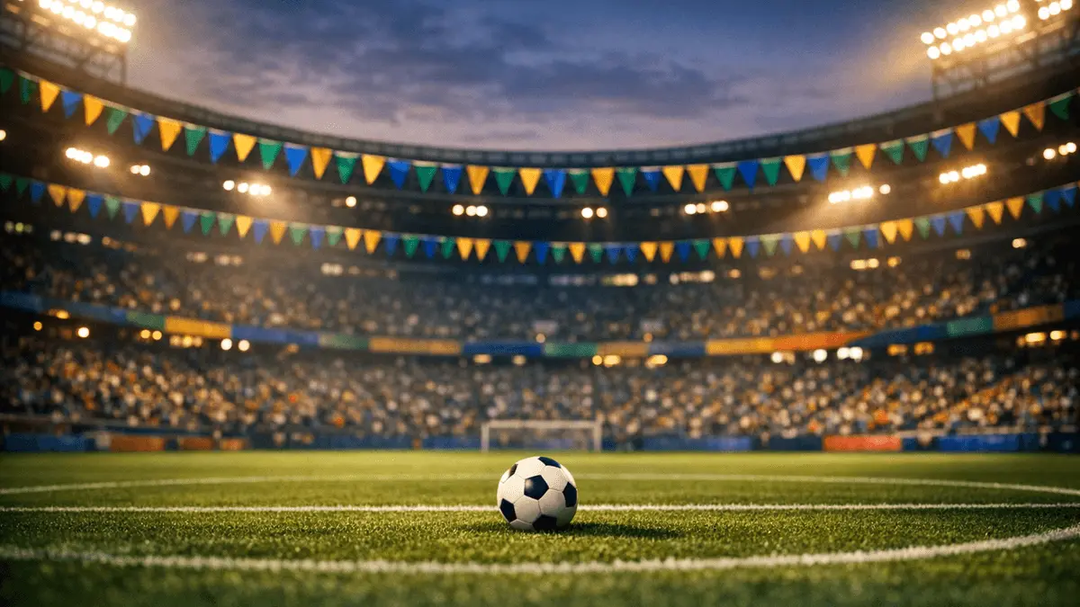 Floodlit stadium interior with coloured flag bunting draped across stands and football on centre pitch.
