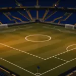 Floodlit stadium corner stand and pitch markings during evening group-stage match, blue and gold colour palette, cinematic lighting.