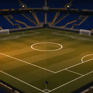 Floodlit stadium corner stand and pitch markings during evening group-stage match, blue and gold colour palette, cinematic lighting.