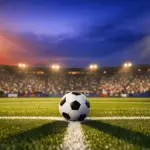 Floodlit stadium pitch at evening kickoff with match ball on centre spot, atmospheric colour blend of blue-red and navy-white national hues.