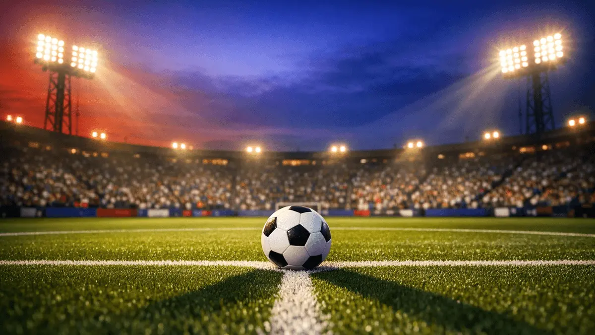 Floodlit stadium pitch at evening kickoff with match ball on centre spot, atmospheric colour blend of blue-red and navy-white national hues.