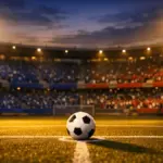 Floodlit stadium pitch at dusk with Haiti colours in stands and ball on centre spot.