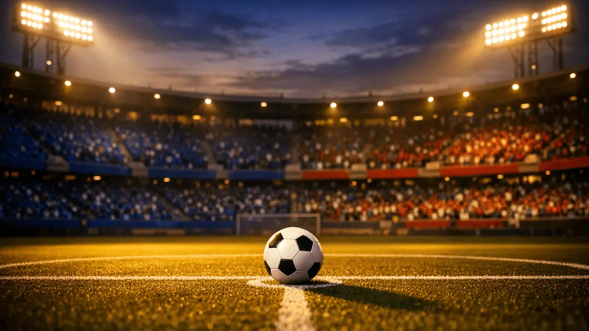Floodlit stadium pitch at dusk with Haiti colours in stands and ball on centre spot.