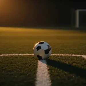 Floodlit empty stadium pitch with ball on penalty spot, dramatic shadows and golden-hour lighting.