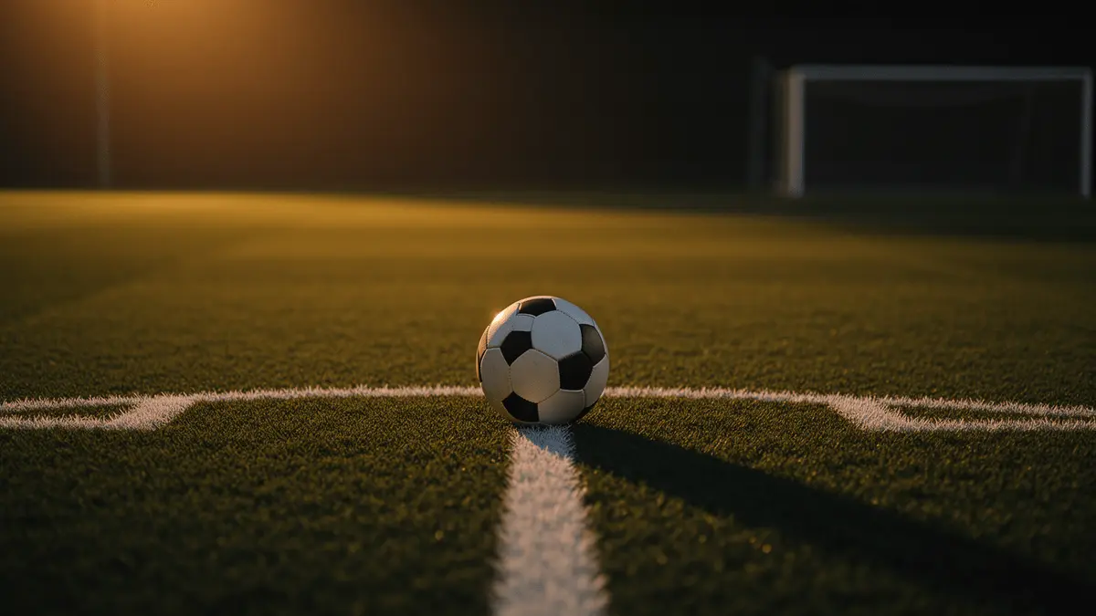 Floodlit empty stadium pitch with ball on penalty spot, dramatic shadows and golden-hour lighting.