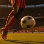 Professional footballer's boot striking a football mid-flight during evening stadium match under floodlights, flag-colour-toned lighting.