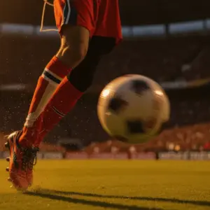 Professional footballer's boot striking a football mid-flight during evening stadium match under floodlights, flag-colour-toned lighting.