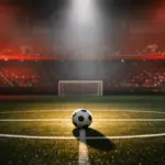 Floodlit stadium pitch with red and white colour scheme, football on centre spot, dramatic spotlight lighting