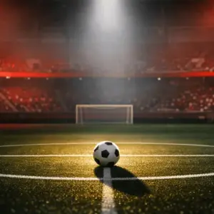 Floodlit stadium pitch with red and white colour scheme, football on centre spot, dramatic spotlight lighting