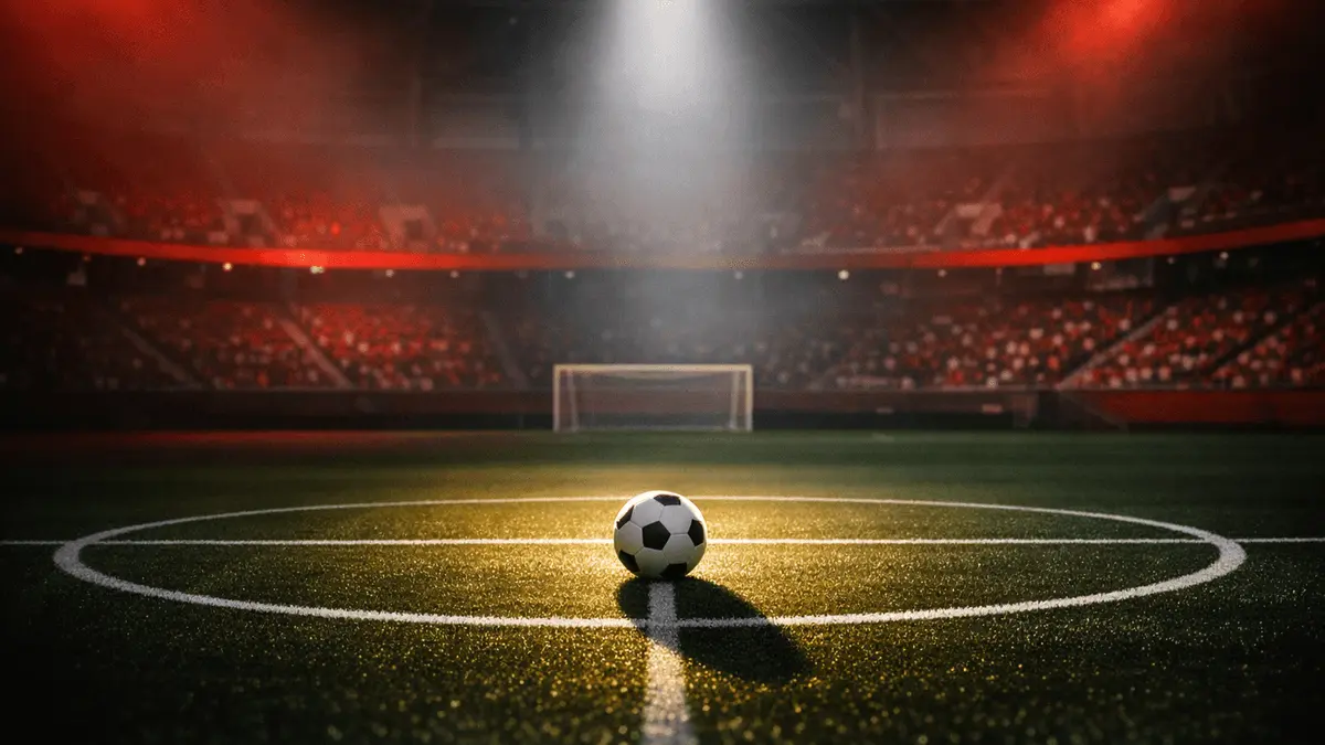Floodlit stadium pitch with red and white colour scheme, football on centre spot, dramatic spotlight lighting