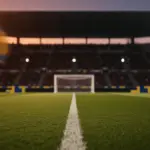 Floodlit stadium pitch at dusk with packed stands, emerald grass, and dramatic shadow patterns under golden-hour lighting.