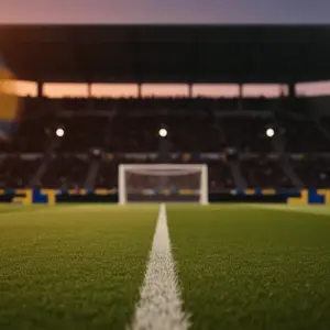 Floodlit stadium pitch at dusk with packed stands, emerald grass, and dramatic shadow patterns under golden-hour lighting.