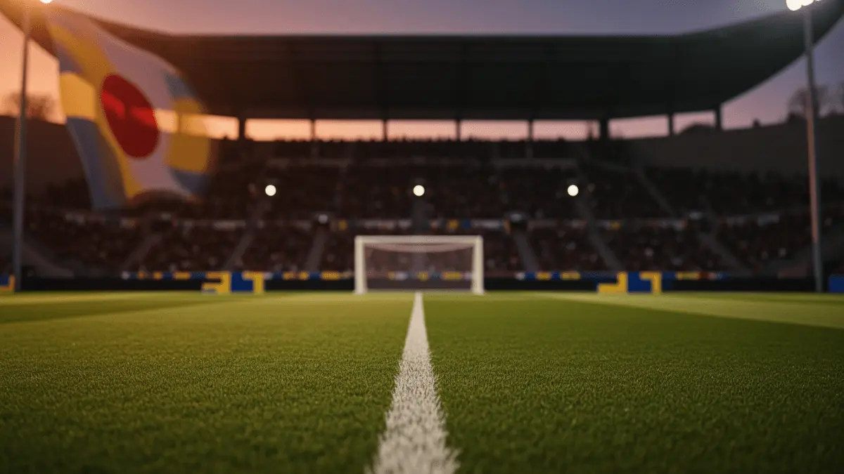 Floodlit stadium pitch at dusk with packed stands, emerald grass, and dramatic shadow patterns under golden-hour lighting.