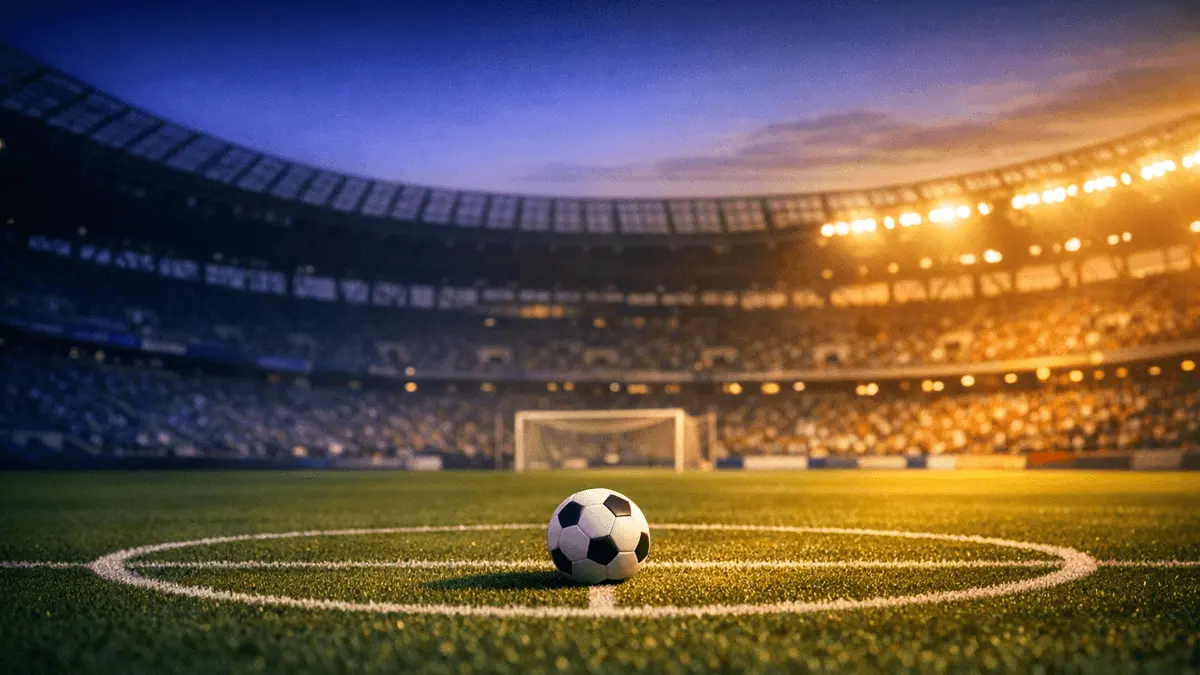 Floodlit stadium pitch at dusk with blue-tinted shadows, football on centre spot, goal net in background.