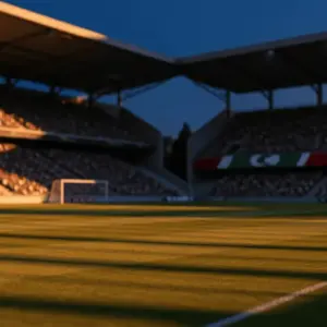 Floodlit stadium pitch at dusk with dramatic shadow patterns, packed stands silhouetted against sky.