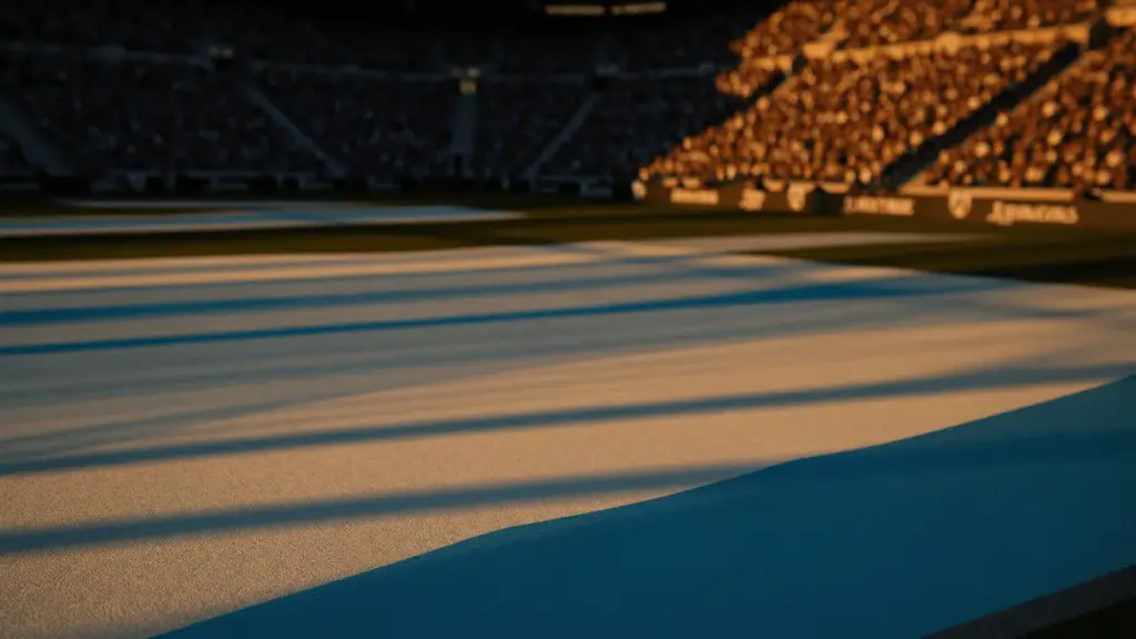Floodlit stadium with national colours reflected on pitch, packed stands, golden-hour lighting, dramatic shadows.