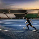Floodlit football stadium with Jordan flag colours in stands, anonymous player in motion on pitch, evening golden light.