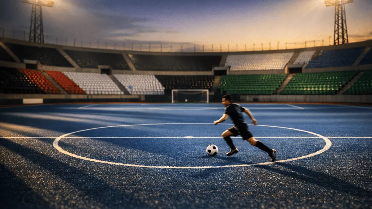 Floodlit football stadium with Jordan flag colours in stands, anonymous player in motion on pitch, evening golden light.