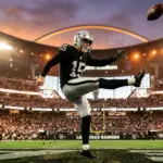 Football kicker in Raiders uniform executing field goal attempt under stadium lights at sunset