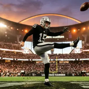 Football kicker in Raiders uniform executing field goal attempt under stadium lights at sunset