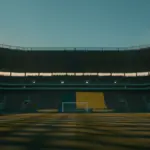 Empty floodlit stadium pitch at dusk with dramatic shadow patterns and packed stands in background