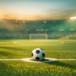 Empty floodlit football pitch at dusk with ball on penalty spot, Mexico and South Africa colours blended in stadium atmosphere.