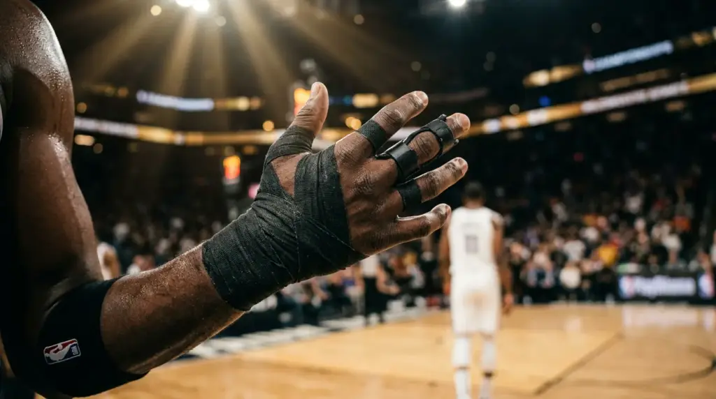 Injured basketball player's hand wrapped in medical tape before NBA Finals game