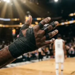 Injured basketball player's hand wrapped in medical tape before NBA Finals game