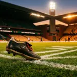 Floodlit stadium pitch at dusk with Morocco-coloured atmospheric lighting and boot in motion across grass.