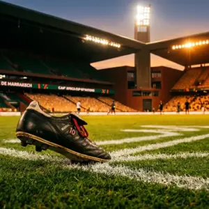 Floodlit stadium pitch at dusk with Morocco-coloured atmospheric lighting and boot in motion across grass.