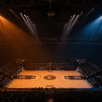Madison Square Garden basketball court under dramatic championship game lighting with arena atmosphere
